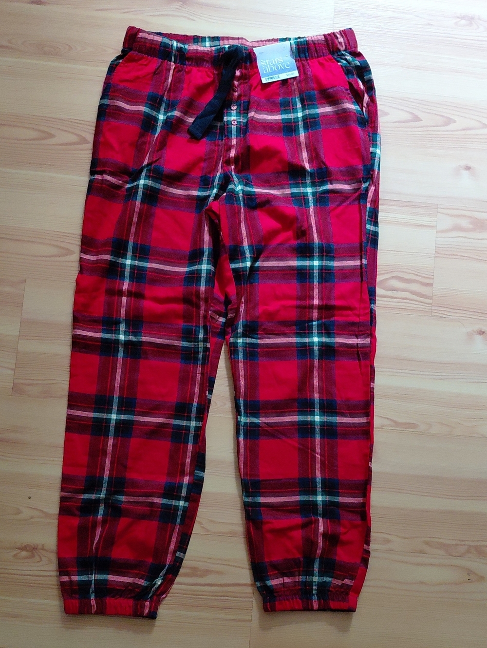 Stars above Red Plaid Drawstring Joggers, Size M, NWT